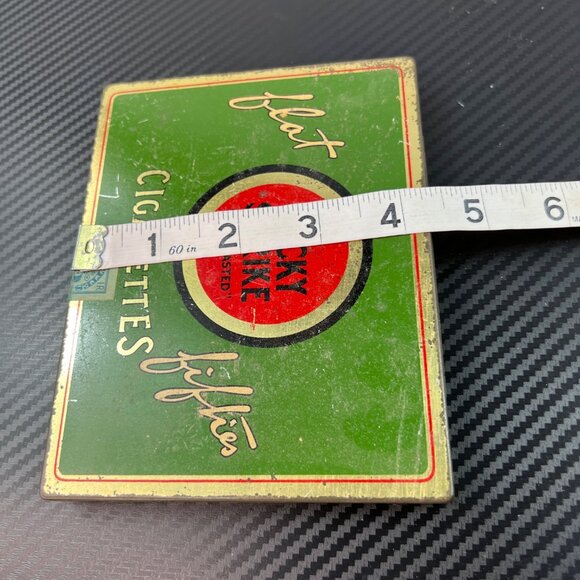 Vintage Lucky Strike Cigarette Metal Tin Flat Fifties Green Red Gold Stamp - Picture 10 of 11